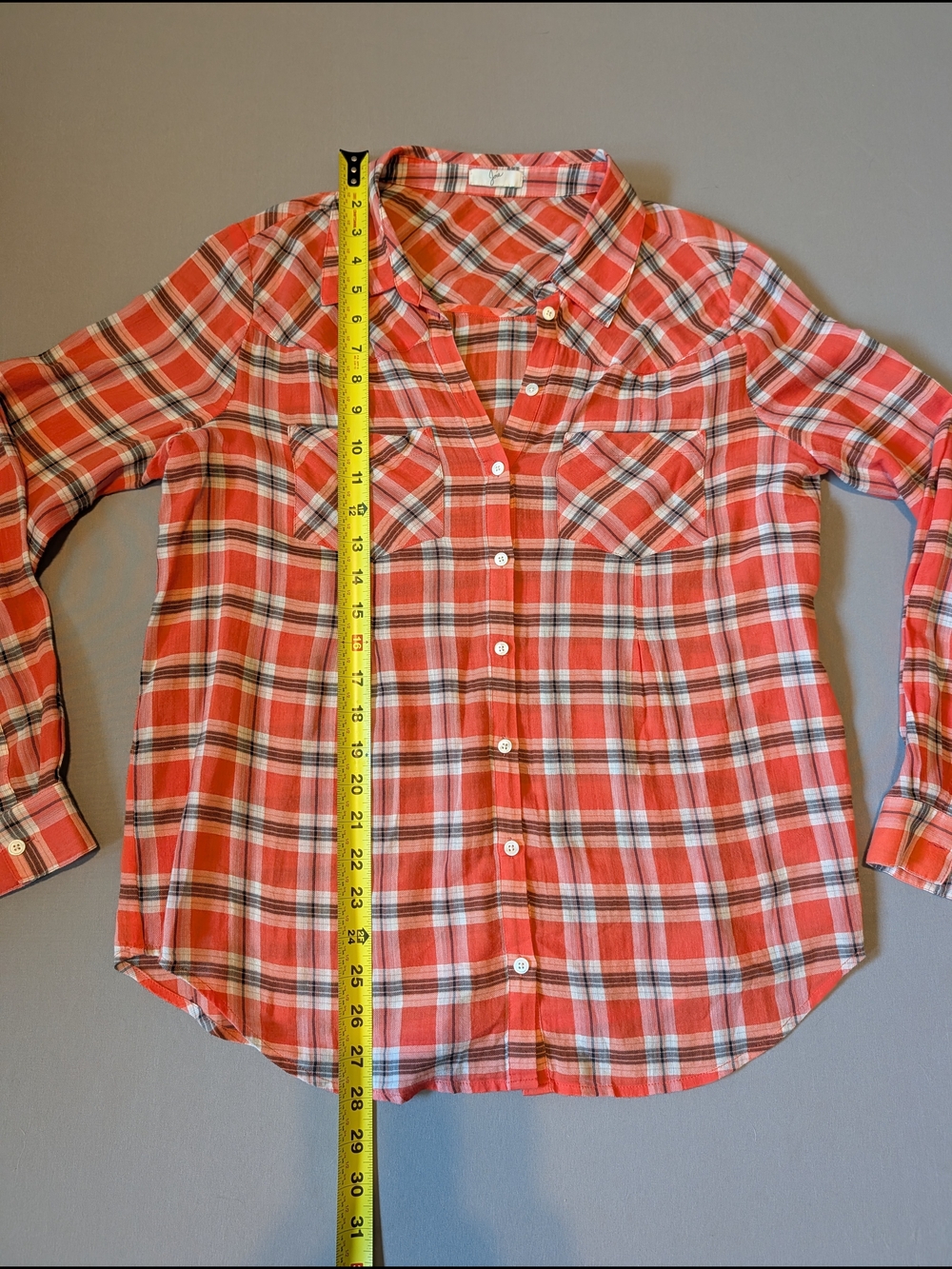 Joie Coral and White Plaid Button Down Top Small S Long Sleeves Casual Bright - Picture 6 of 10